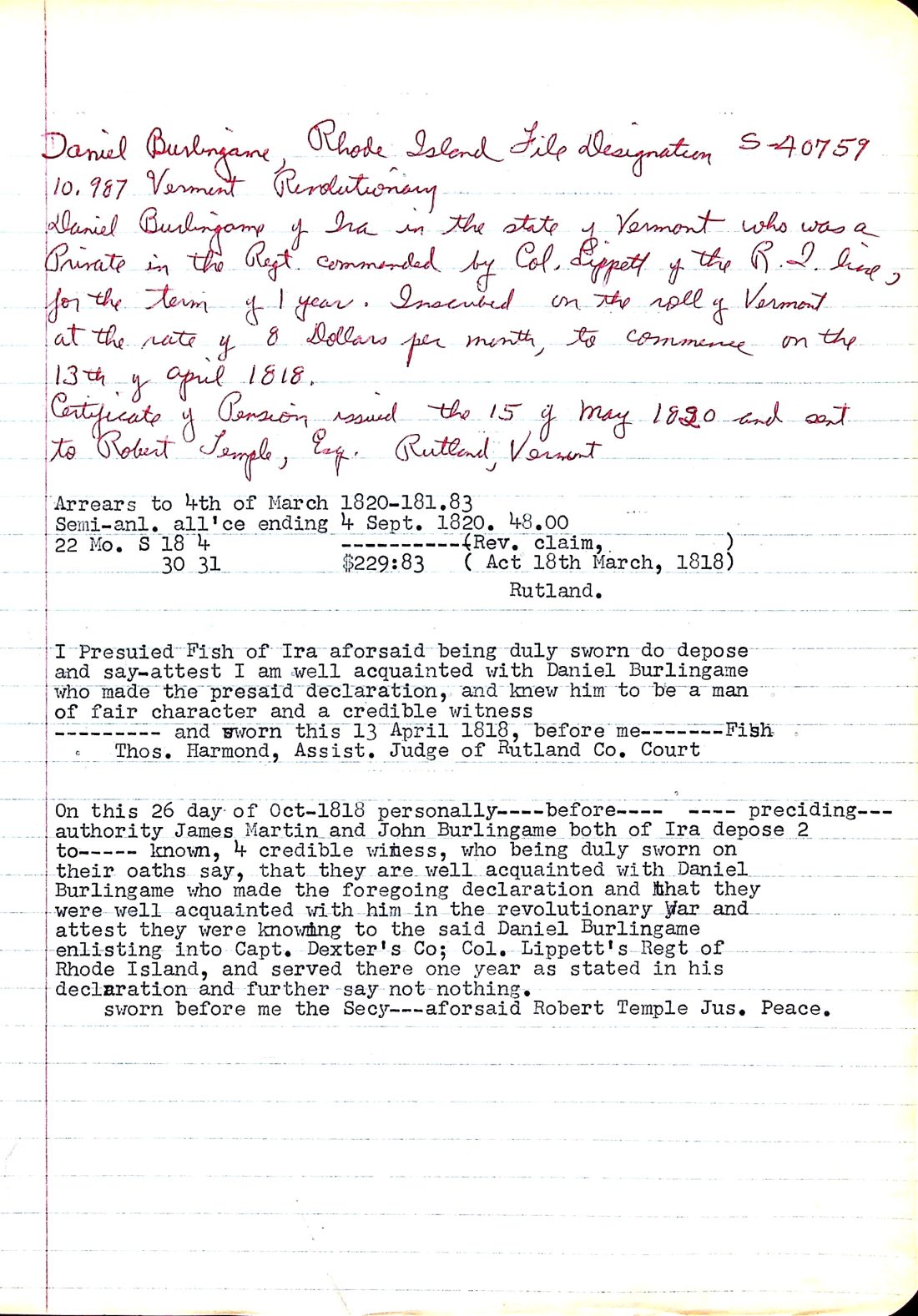 BURLINGAME, Daniel (b. 1745 R.I. d. 1820 N.Y.) 1 mil. pension claim (in full)